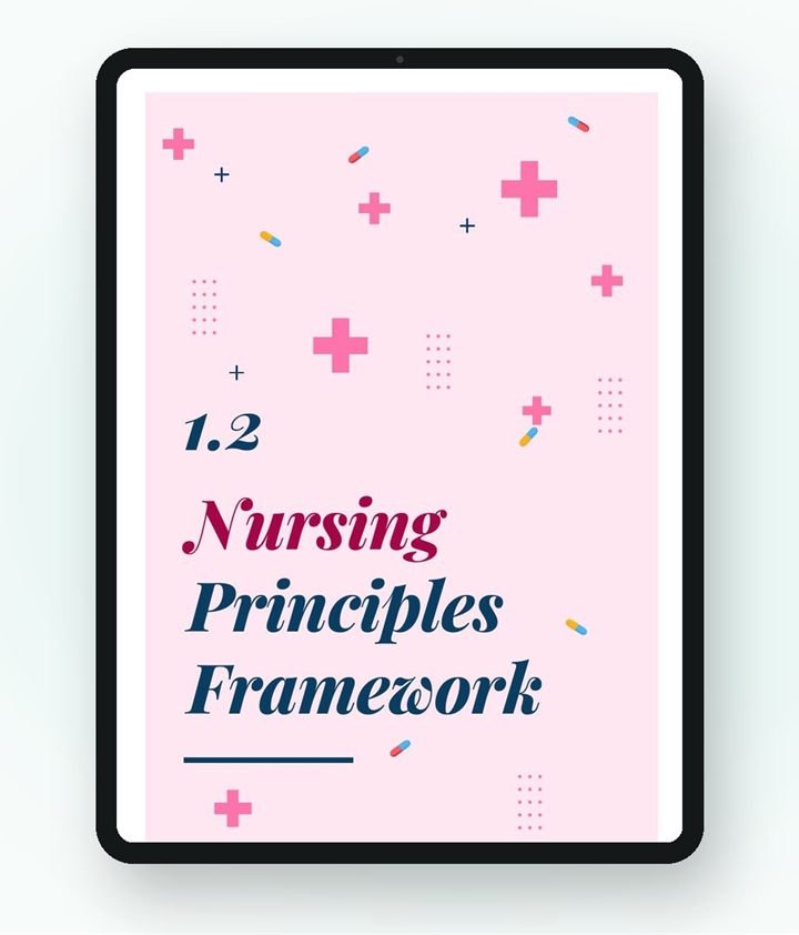 Tablet showing the opening page of section 1.2, Nursing Principles Framework, with illustrated crosses and capsules on a pink background